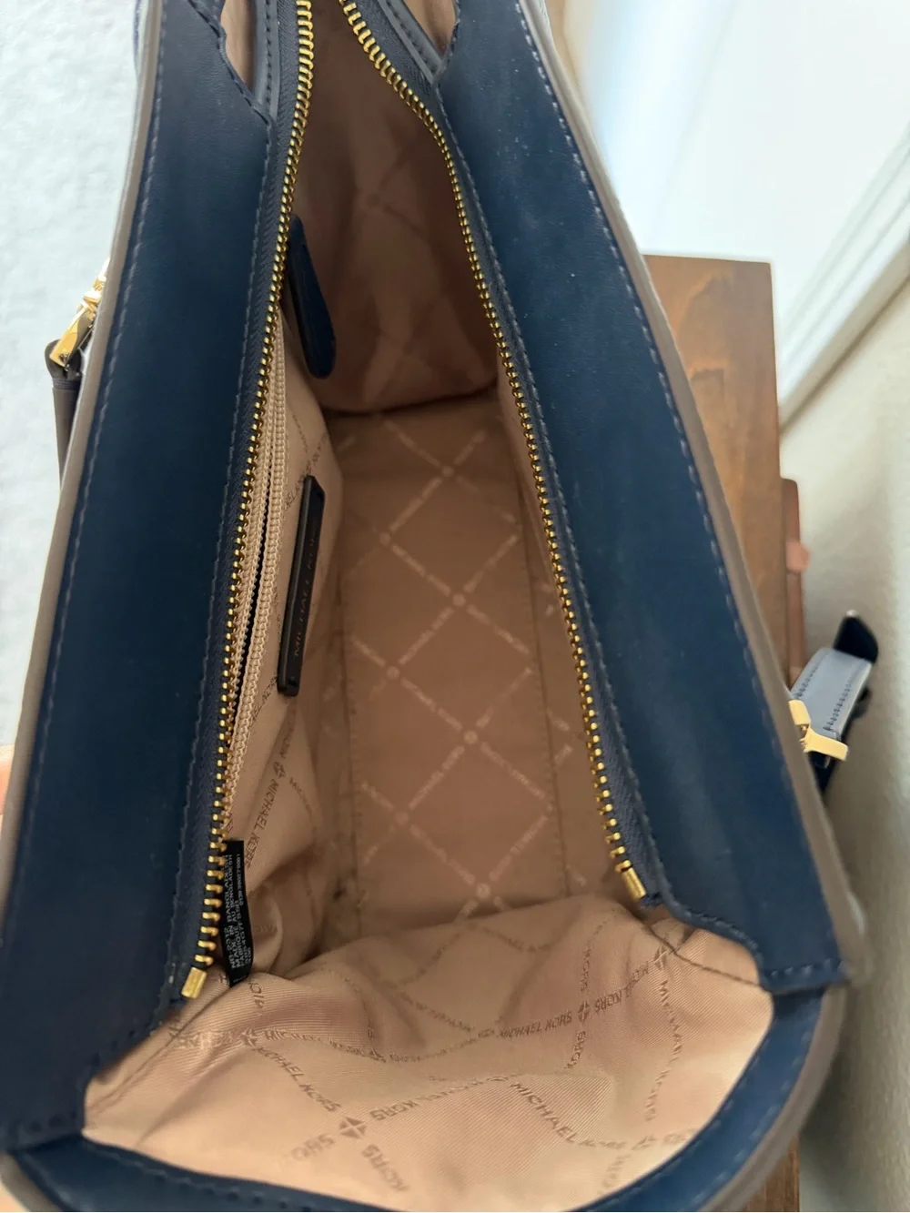 Michael Kors Navy Pebbled Leather Satchel with Gold Hardware